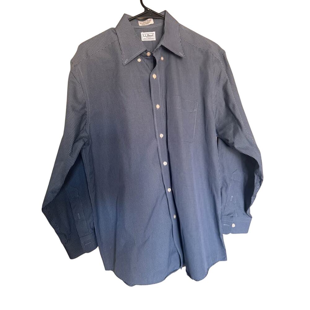 L.L. Bean Men’s 15–32 Medium Blue Gingham Check Button Down Shirt 100% Cotton